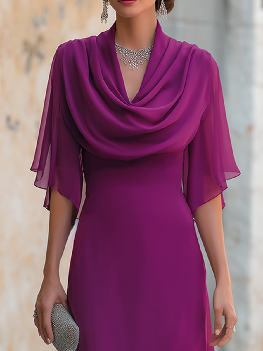 Cowl Drape V Neck Sheer Chiffon Capelet Sleeve Fitted Full Length Evening Gown