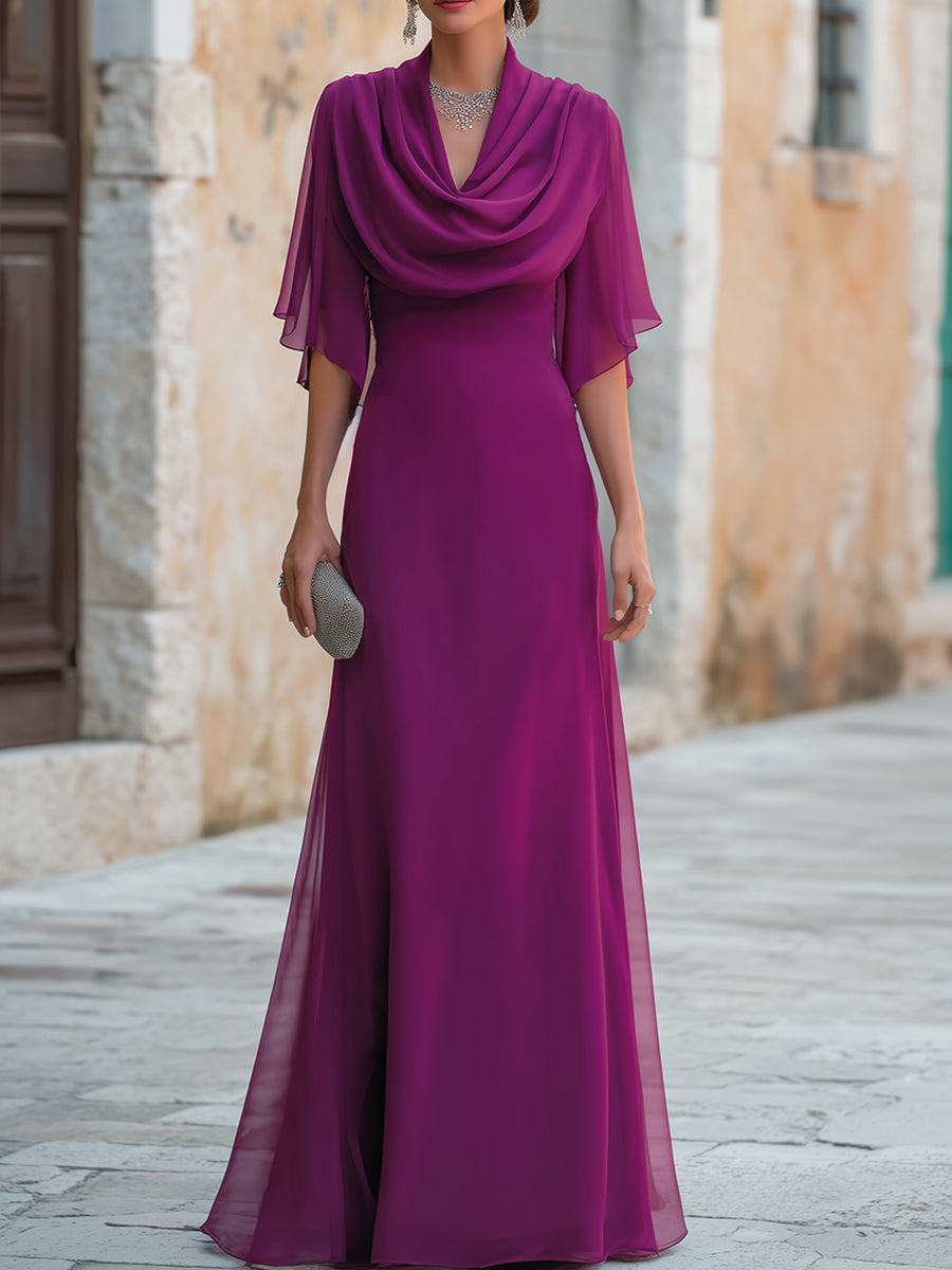Cowl Drape V Neck Sheer Chiffon Capelet Sleeve Fitted Full Length Evening Gown