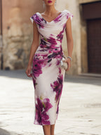 Draped Cowl Cap Sleeve Large Purple Flower Print Side Ruched Sheath Midi Dress