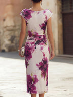 Draped Cowl Cap Sleeve Large Purple Flower Print Side Ruched Sheath Midi Dress