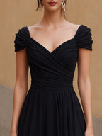 Off-Shoulder Ruched Sweetheart Chiffon A-Line Midi Dress