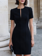 Minimalist Crew Neck Front Zipper Split Tailored Structured Office Mini Dress