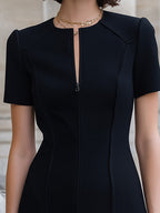 Minimalist Crew Neck Front Zipper Split Tailored Structured Office Mini Dress