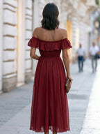 Off-Shoulder Ruffle Chiffon Midi Dress