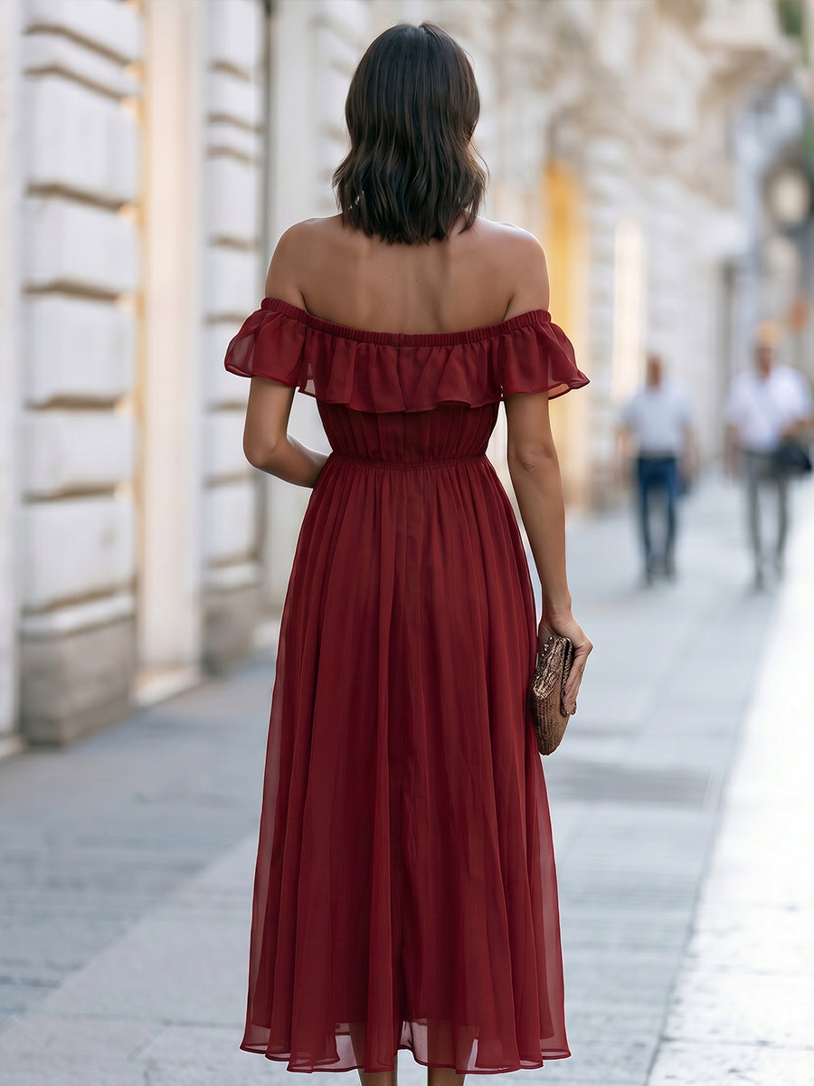Off-Shoulder Ruffle Chiffon Midi Dress