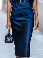 Belted Batwing Sleeve Satin Midi Dress