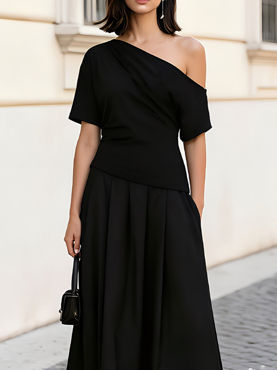 One Shoulder Short Sleeve Ruched Waist Pleated Maxi Dress