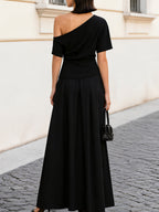 One Shoulder Short Sleeve Ruched Waist Pleated Maxi Dress