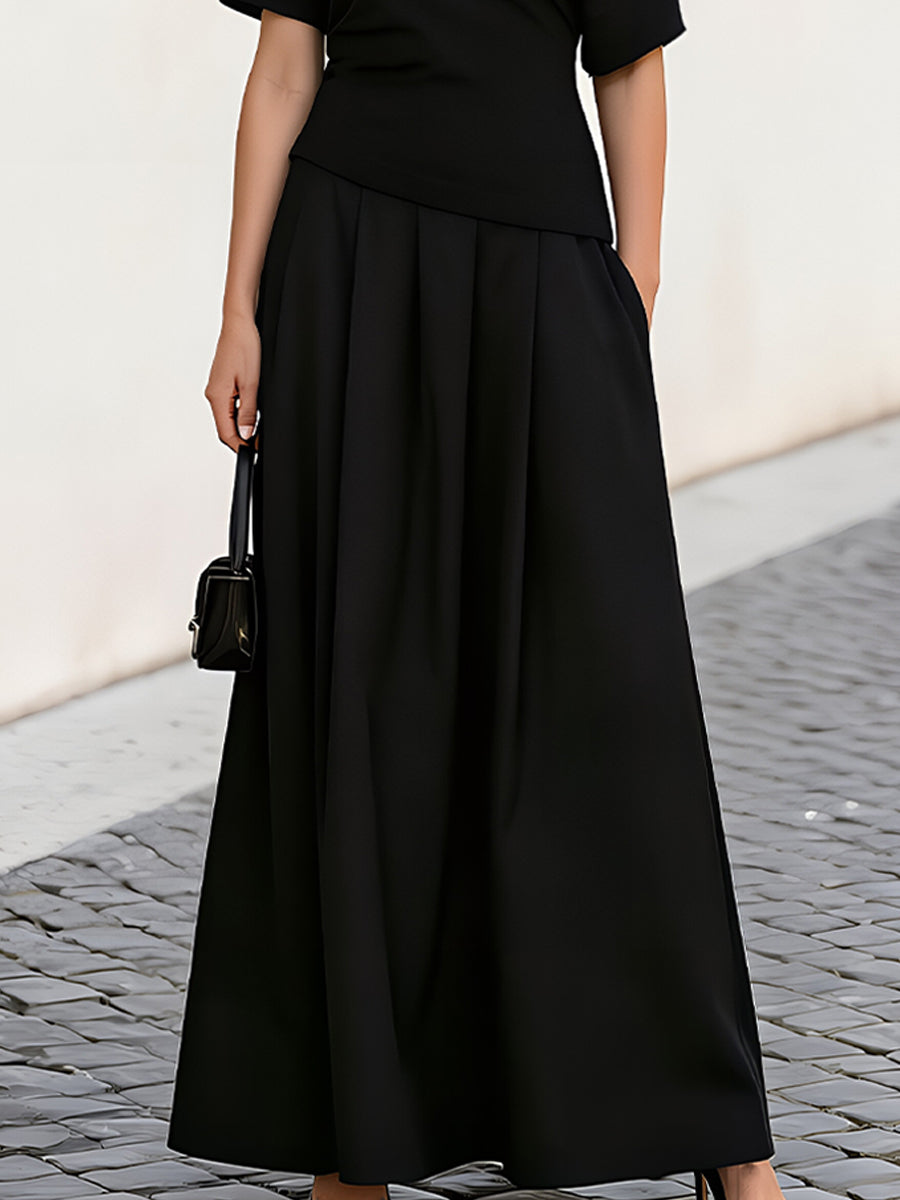 One Shoulder Short Sleeve Ruched Waist Pleated Maxi Dress