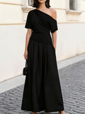 One Shoulder Short Sleeve Ruched Waist Pleated Maxi Dress