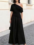 One Shoulder Short Sleeve Ruched Waist Pleated Maxi Dress