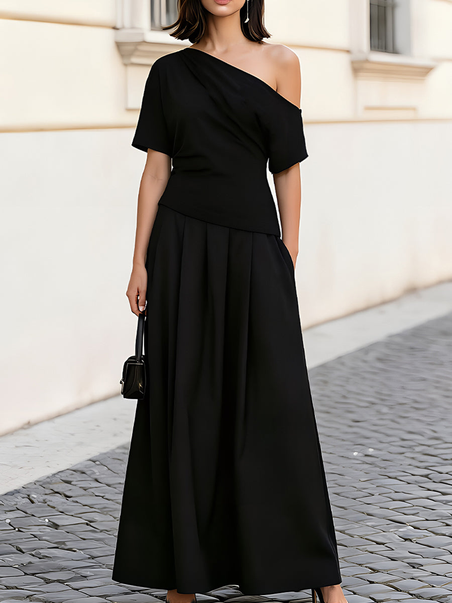 One Shoulder Short Sleeve Ruched Waist Pleated Maxi Dress