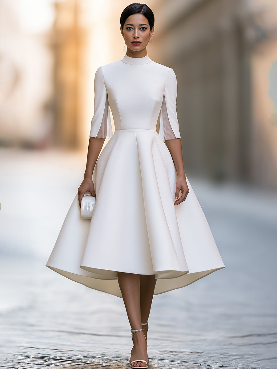Pleated Cape Sleeve High-Low Midi Dress