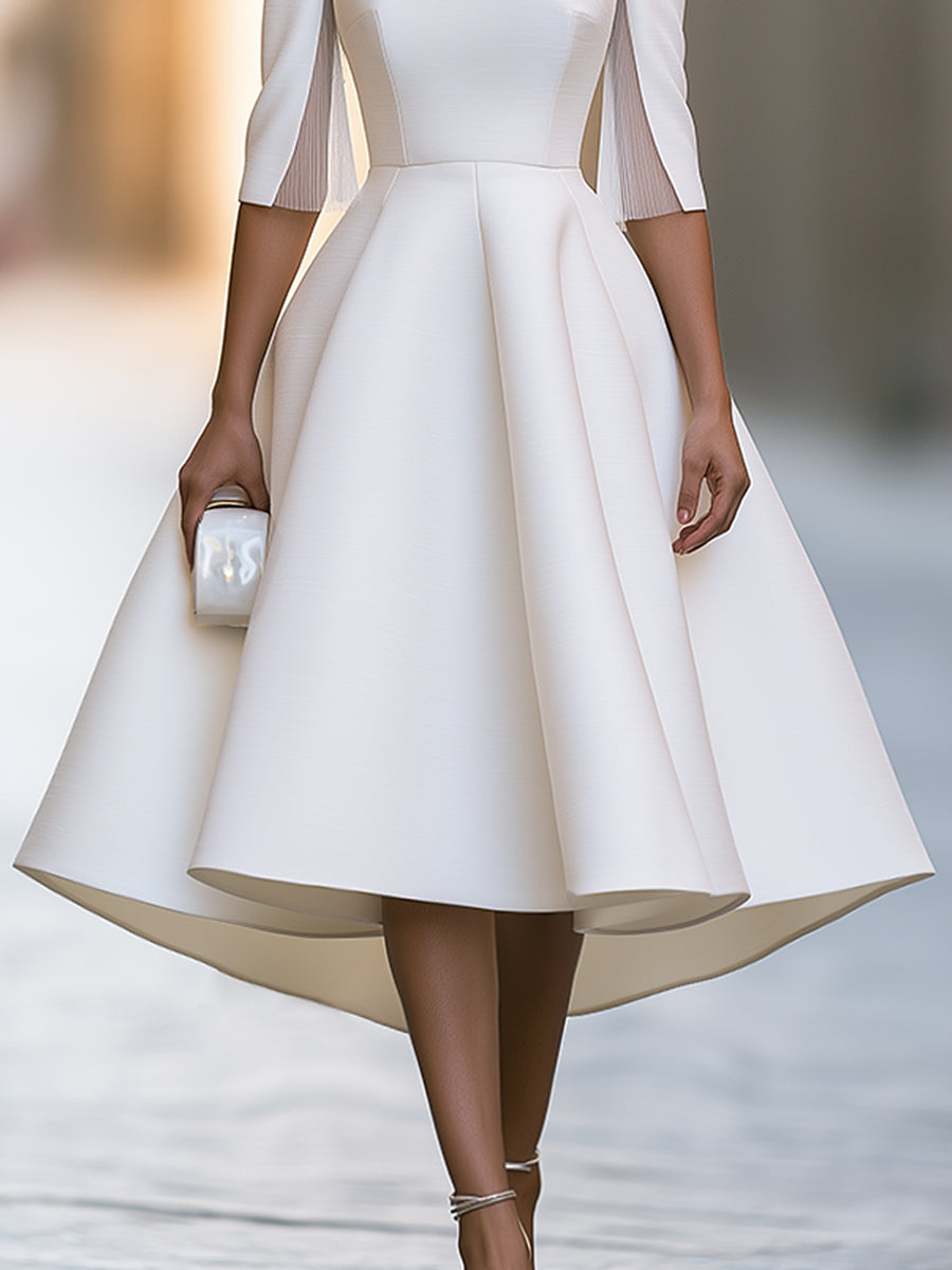 Pleated Cape Sleeve High-Low Midi Dress