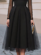 Halter Deep V Sheer Mesh Long Sleeve Tulle Overlay Fit & Flare Midi Dress
