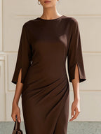 Round Neck Split 3/4 Sleeve Side Ruched Wrap Slit Midi Dress