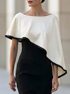 Black Sheath Midi Dress With Asymmetric Cape Overlay In White Contrast Trim
