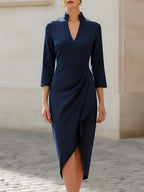 Mandarin Split Collar 3/4 Sleeve Side Ruched Asymmetric Wrap Midi Dress