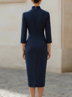 Mandarin Split Collar 3/4 Sleeve Side Ruched Asymmetric Wrap Midi Dress