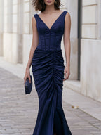 Satin Sleeveless Deep V Corset Ruched Mermaid Floor-Length Evening Gown