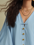 Casual Blue Button Front Blouse
