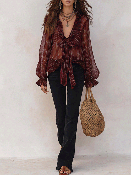 Bohemian Shimmer Stripe Resort Burgundy Tie-Front Blouse