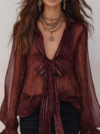 Bohemian Shimmer Stripe Resort Burgundy Tie-Front Blouse