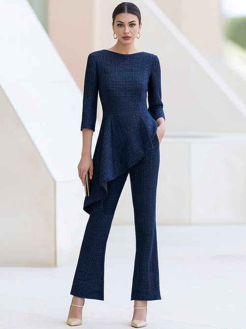 Asymmetric Draped Ruffle Flared Jumpsuit Two-Piece Set