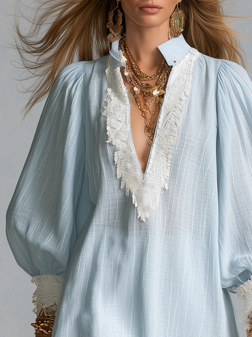 Bohemian Blue Lace-trimmed Shirt