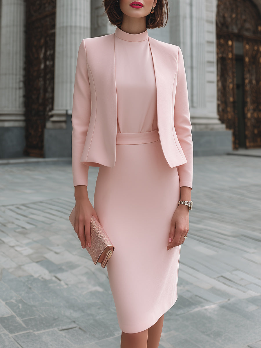 Tailored Collarless Blazer And Mock-Neck Midi Dress Set