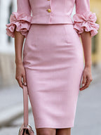 Elegant Ruffle Sleeve Blazer And Pencil Skirt Set