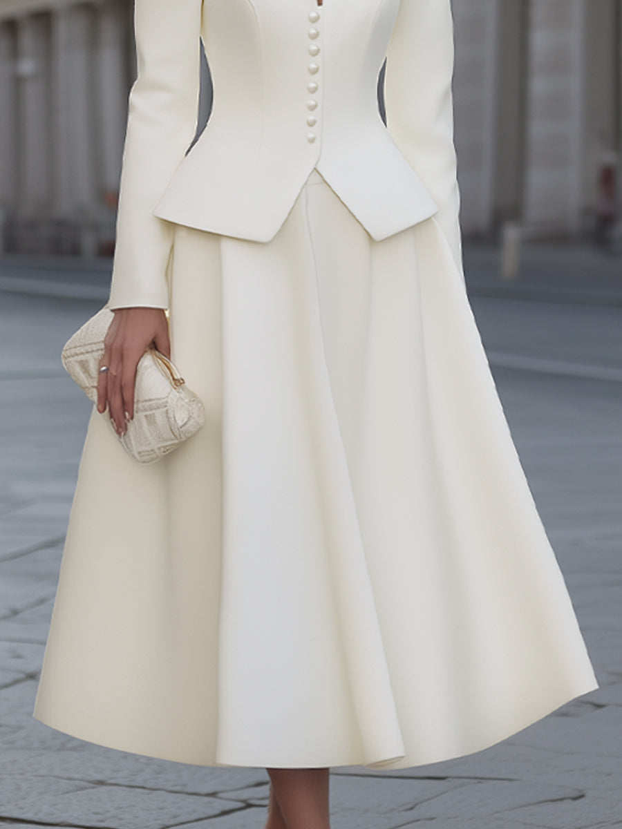 Button-Front Structured Blazer And Full Midi Skirt Set