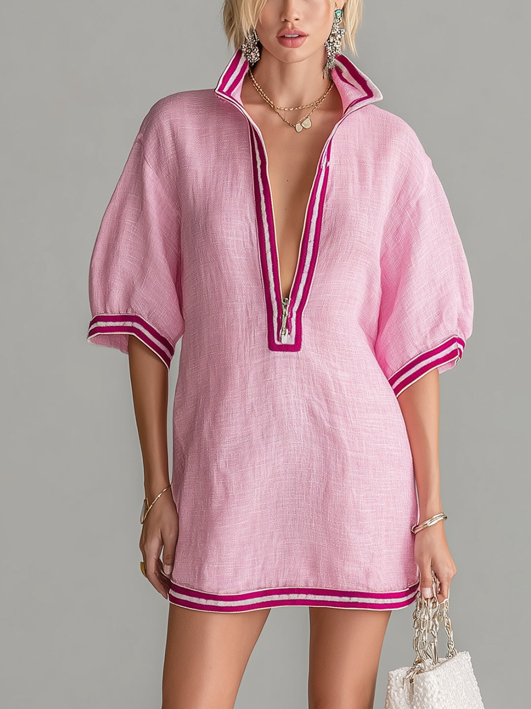 Pink Color-blocked Stand-up Collar Zipper Loose Mini Dress
