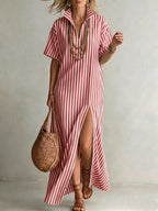 Stylish Stand-collar Striped Loose-fit Cotton-linen Maxi Dress