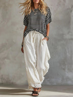 Casual Striped Cotton T-shirt And Lace-paneled Linen-cotton Trousers Two-piece Set