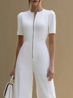 Round Neck Front Zip Puff Sleeve High Waist Wide Leg Jumpsuit