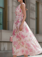 Pink Floral One-Shoulder Chiffon Midi Dress