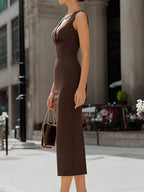 Sophisticated V-Pleated Neck Sleeveless Pencil Dress