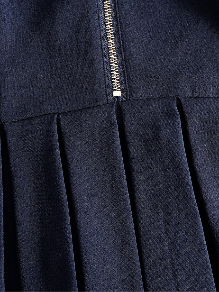 Navy Collared Zip-Front Pleated Mini Dress