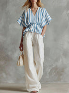 Women's striped printed V-neck 3/4 sleeve casual loose cotton linen top and solid color high-waisted wide-leg pants cotton linen set
