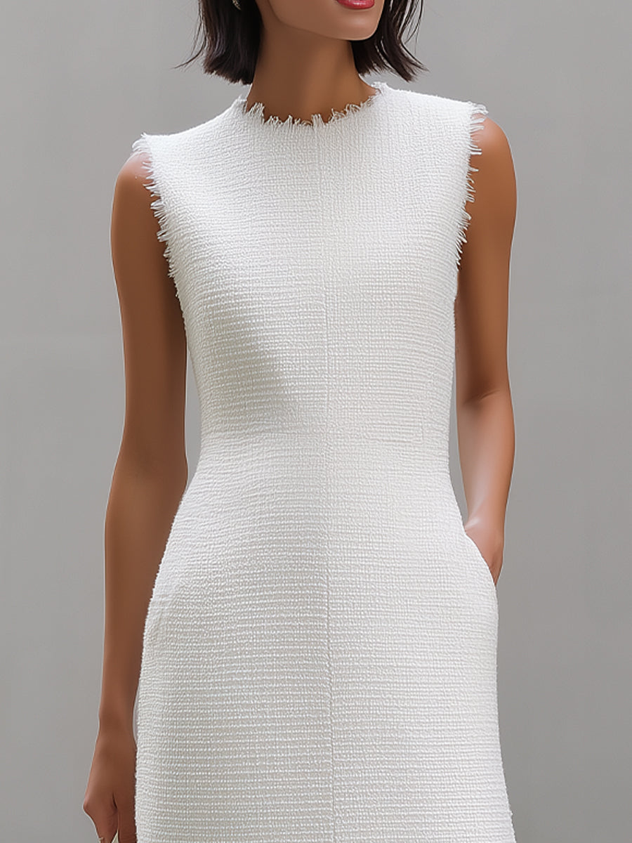 Tweed Sleeveless Frayed Edge Sheath Midi Dress