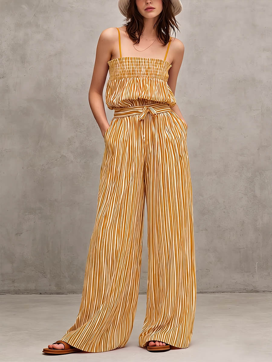 Women's Striped Print Casual Loose-fit Spaghetti Strap Wide-leg Cotton-linen Jumpsuit