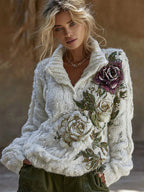 Women's Retro Two-tone Rose Gradient Knitted Warm Half-zip Sweater