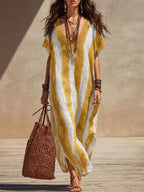 Loose-fit Casual Striped Linen And Cotton Dress With Lace Paneling