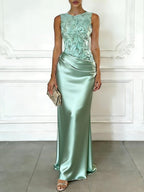 Light Pink Embroidery Satin Crew Neck Sleeveless Sheath Gown Dress