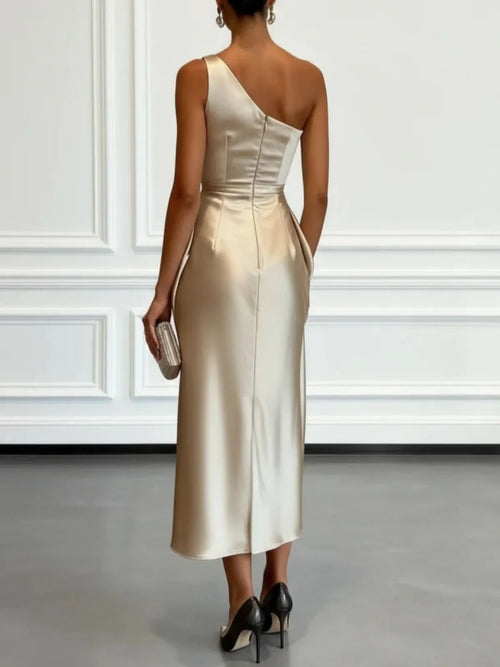 Champagne Satin One-shoulder Sleeveless Ruffled Midi Dress
