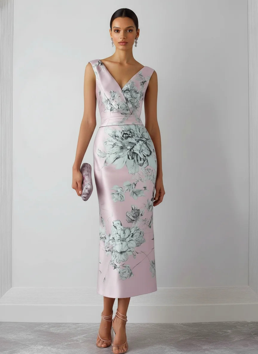 Pink Floral Satin V Neck Sleeveless Sheath Midi Dress