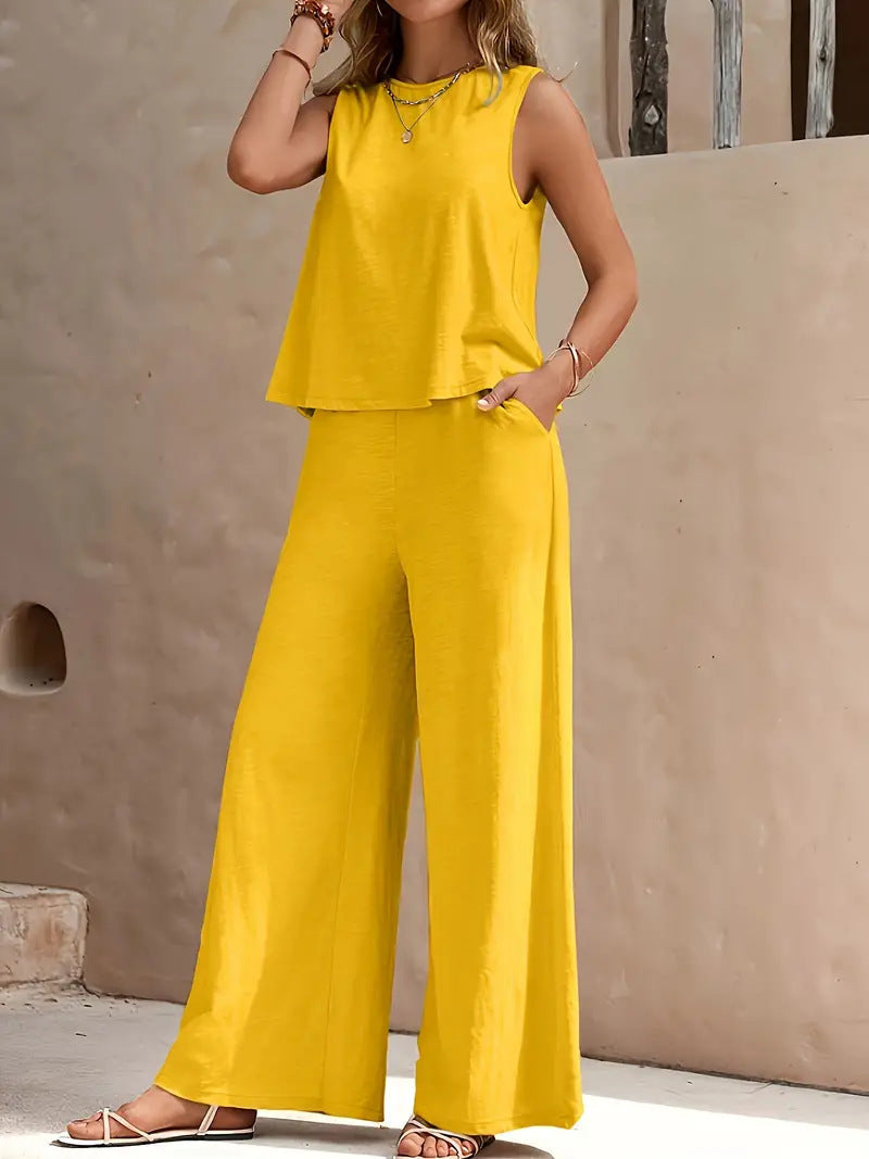 Women's Casual Crew Neck Top And Wide-leg Pants Set