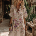 Women's Floral Embroidery Art V Neck Comfy Midi Dress