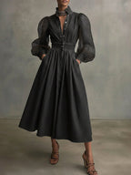 Stylish Denim Dress With Organza Sleeves And Buttons